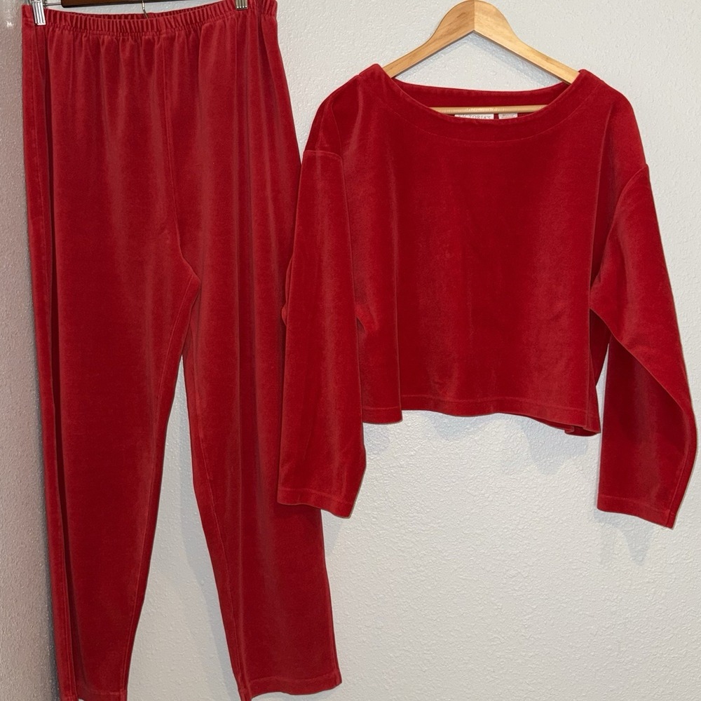 VTG Victorias Secret Gold Label Red Velour Tracksuit Set Womens L Crop Pants
